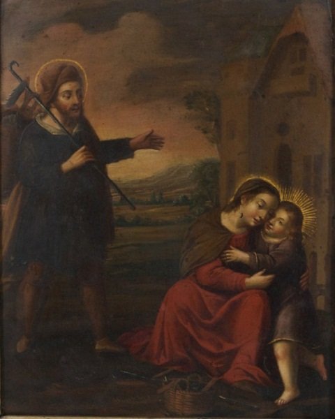 Unknown Artist (18th C.), Madonna and Child: Unknown artist (Continental, late 17th, early 18th century). Madonna and Child with shepherd. Oil on copper panel. 11 1/2" x 9".