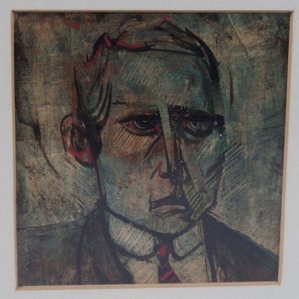 Robert Rukavina (1914-1977), Portrait of a Man: Robert Rukavina (Detroit, 1914-1977). Portrait of a man. Wood block and watercolor. Unsigned. 3 1/4" x 3 1/4".