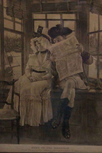 J.J. Tissot (19th C.), "News of Our Marriage": J.J Tissot (English, 19th century). "News of Our Marriage". Stipple engraving. Signed in plate. 17 1/4" x 13 1/2".
