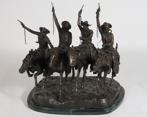 After Remington (1861-1909), "Coming Through...": Frederic Remington (American, 1861-1909). "Coming Through the Rye". Bronze. Signed. Height 30", width 24".