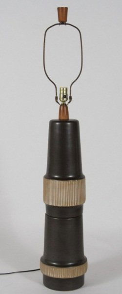 Mid-Century Martz Ceramic Table Lamp: Mid-century Martz ceramic table lamp. 20th century. With brown glazed body and striated banded decoration. Made by Gordon and Jane Martz. Inscribed "Martz". Height 43".