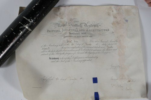 Royal Scottish Academy Admittance Document: Document admitting artist Robert Hope to the Royal Scottish Academy of Painting, Sculpture and Architecture. Dated "December 8, 1911". Rolled in a tin canister. 14 1/2" x 19".