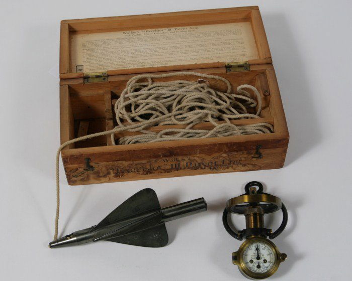 Walker's "Excelsior III" Patent Log, 20th C.: Walker's "Excelsior III" patent log England Boat Distance Traffic Rail Log Mark III. English, 20th century. With brass and enameled cased log and white enameled dial. In pine box. Box height 5", width