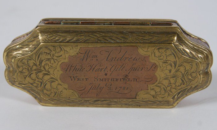 Copper and Brass Tobacco Box, English, 18th C.: Copper and brass tobacco box. English, 18th century. Etched and dated "July 3, 1781". Length 5".