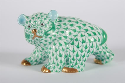 Herend, Green Fishnet Baby Bear Walking Figurine