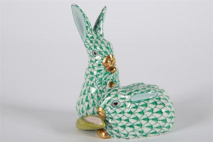 Herend, Green Fishnet Pair of Rabbits with Corn