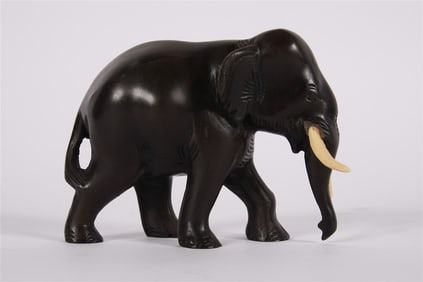 Carved Wood Elephant Figure with Bone Tusks