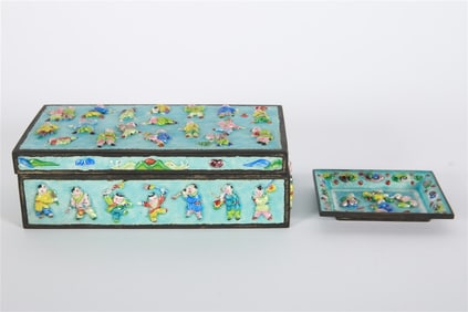 Chinese Enameled Figures Box and Tray