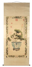 Chinese Painted Scroll, Lotus Flowers