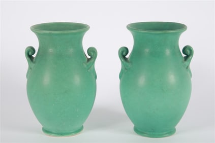 Weller Pottery, Two Matte Green Ceramic Vases