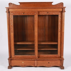 Carved Oak Sliding Door Cabinet
