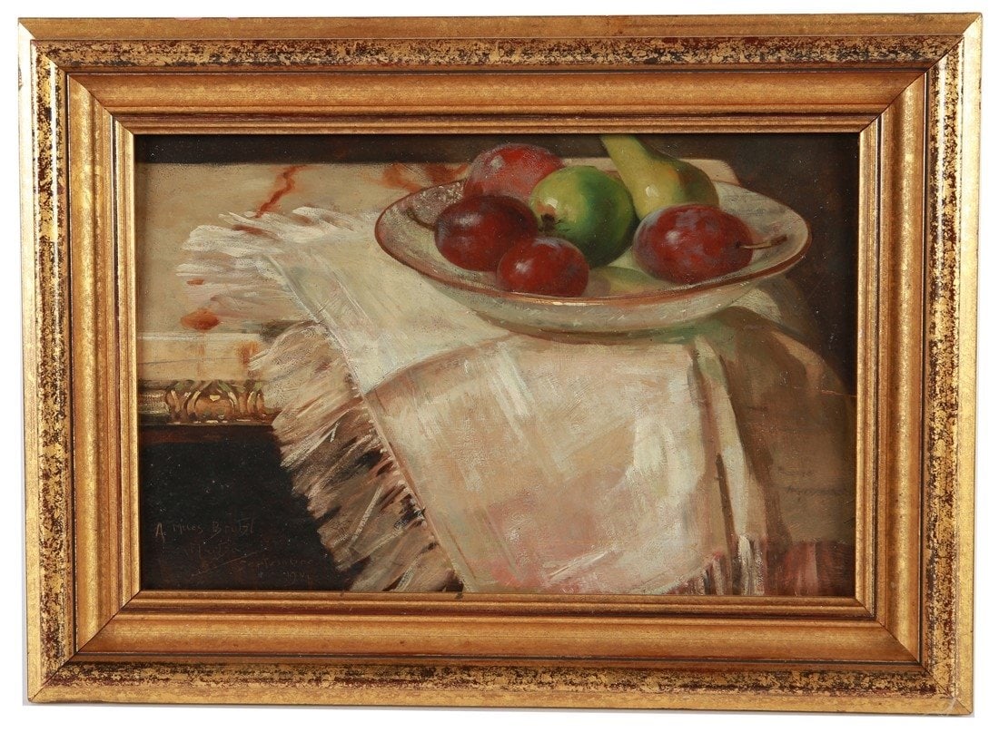 Attrib. Alphonse Mucha, Oil on Panel Still Life: Attributed to Alphonse Mucha (Czech, 1860-1939). Oil on panel, 1901. Frame: 13" x 17 3/4". Sight: 8 1/2" x 13 1/2". Oil on board still life depicting a bowl of fruit on a fringed tablecloth. Appears t