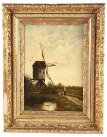 Signed "M.A.G." Oil on Canvas Windmill Painting