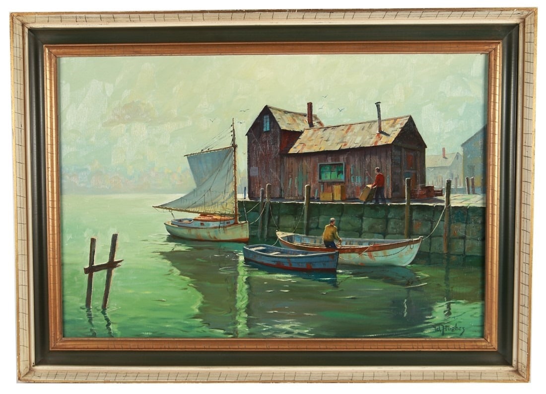 Signed Oil Painting Old Sailor W/ Pipe On Dock Signed Oil Painting Old Sailor W/ Pipe On Dock