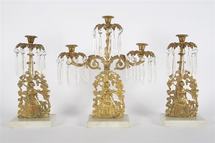 Figural Brass and Crystal Girandole Garniture Set