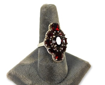 Sterling Silver Ring w/ Polished w/ 9 Red Stones