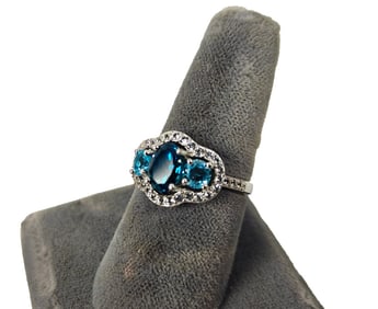 Sterling Silver Ring w/ Teal, Clear Stones