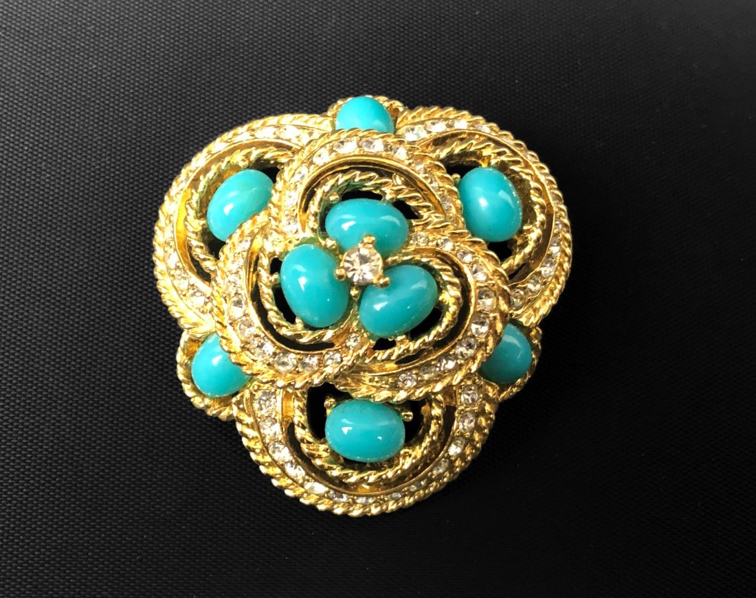 Ciner, Vintage Gold-Tone, Faux-Turquoise Brooch: Ciner, vintage gold-tone and faux-turquoise brooch. Approx. 1.75".