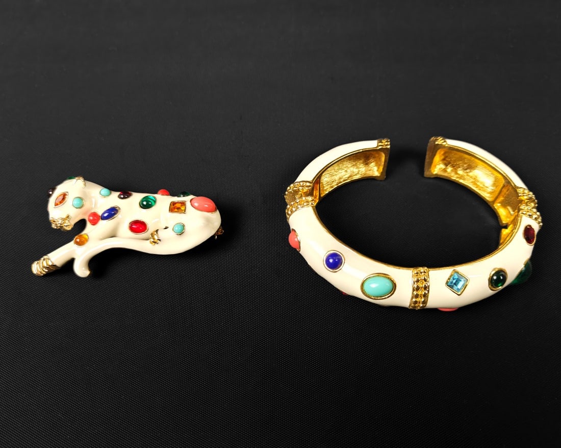 Kenneth J. Lane, White Enamel Bracelet and Pin (1 of 5)