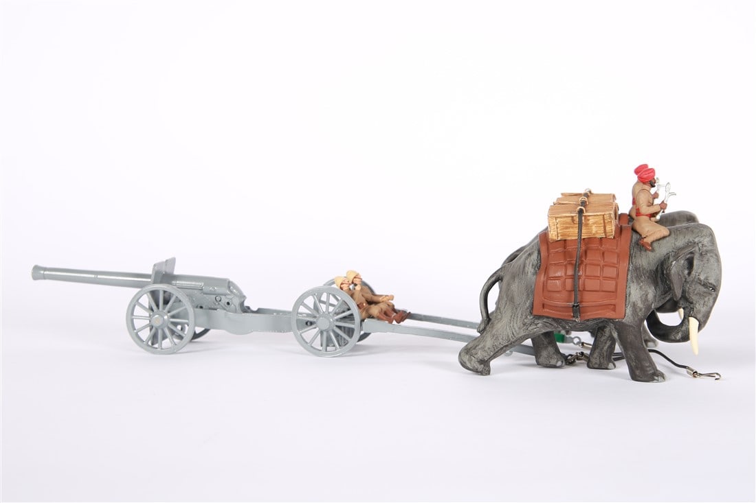 Les Miniatures, Toy Soldier Elephant Gun Set: Les Miniatures. Two boxes, box dimensions: Height: 4 1/2", Length: 8 1/2", Depth: 5 1/2". Les Miniatures, model/toy elephant gun crew. Includes: two (2) elephants, one (1) heavy siege gun, two (2) Bri