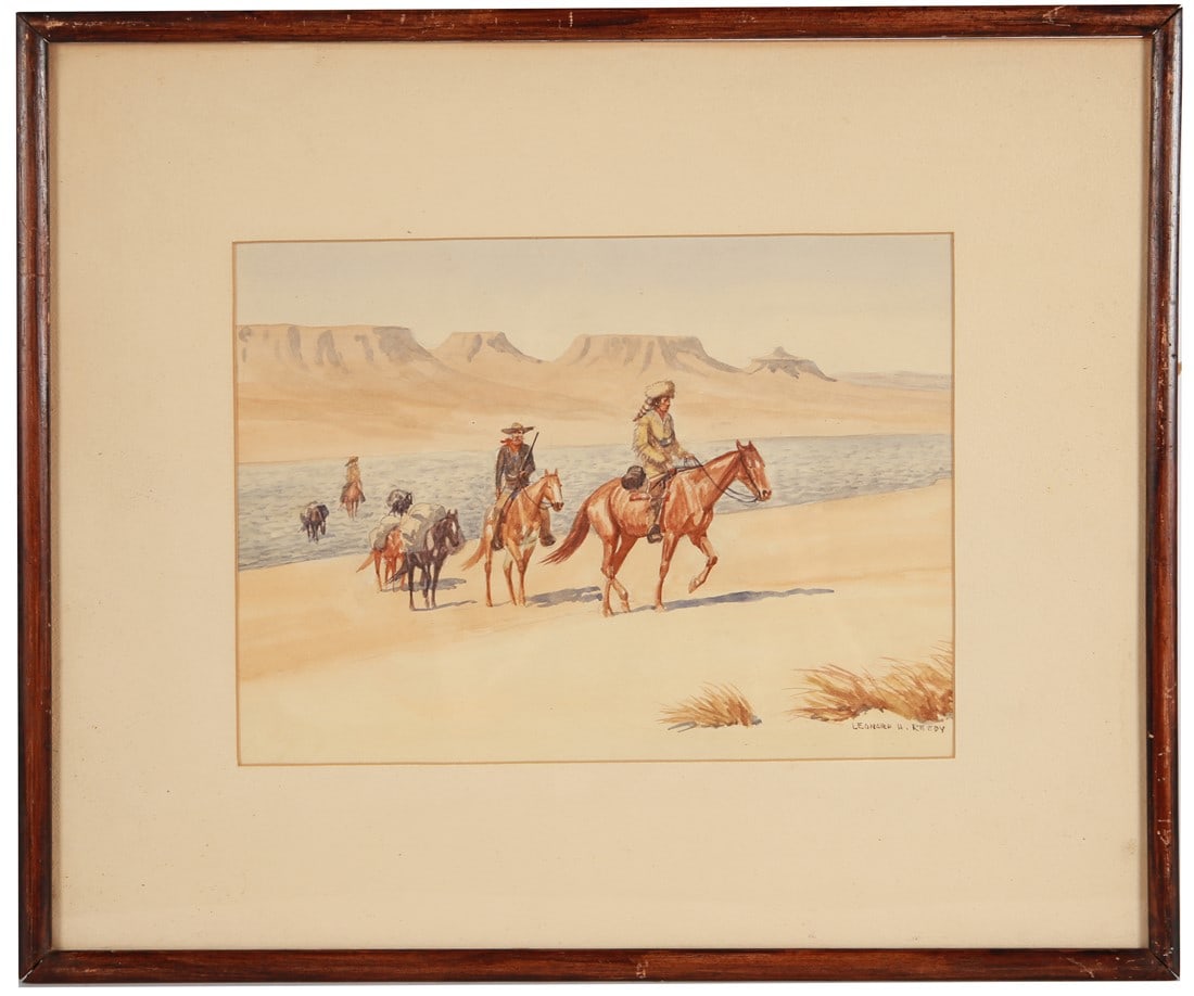 Leonard H. Reedy, Cowboy Watercolor: Leonard Howard Reedy (American, 1899-1956). Watercolor. Frame: 15" x 18". Sight: 8" x 11". Watercolor by American artist Leonard Howard Reedy depicting a lineup of cowboys and a Native American on hor