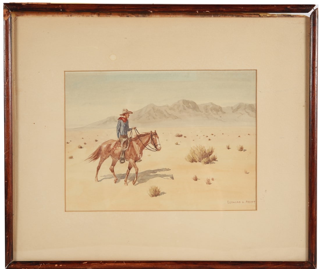 Leonard H. Reedy, Watercolor Cowboy on Horseback: Leonard Howard Reedy (American, 1899-1956). Watercolor. Frame: 15" x 18". Sight: 8" x 11". Watercolor by American artist Leonard Howard Reedy depicting a single cowboy on horseback riding through the 