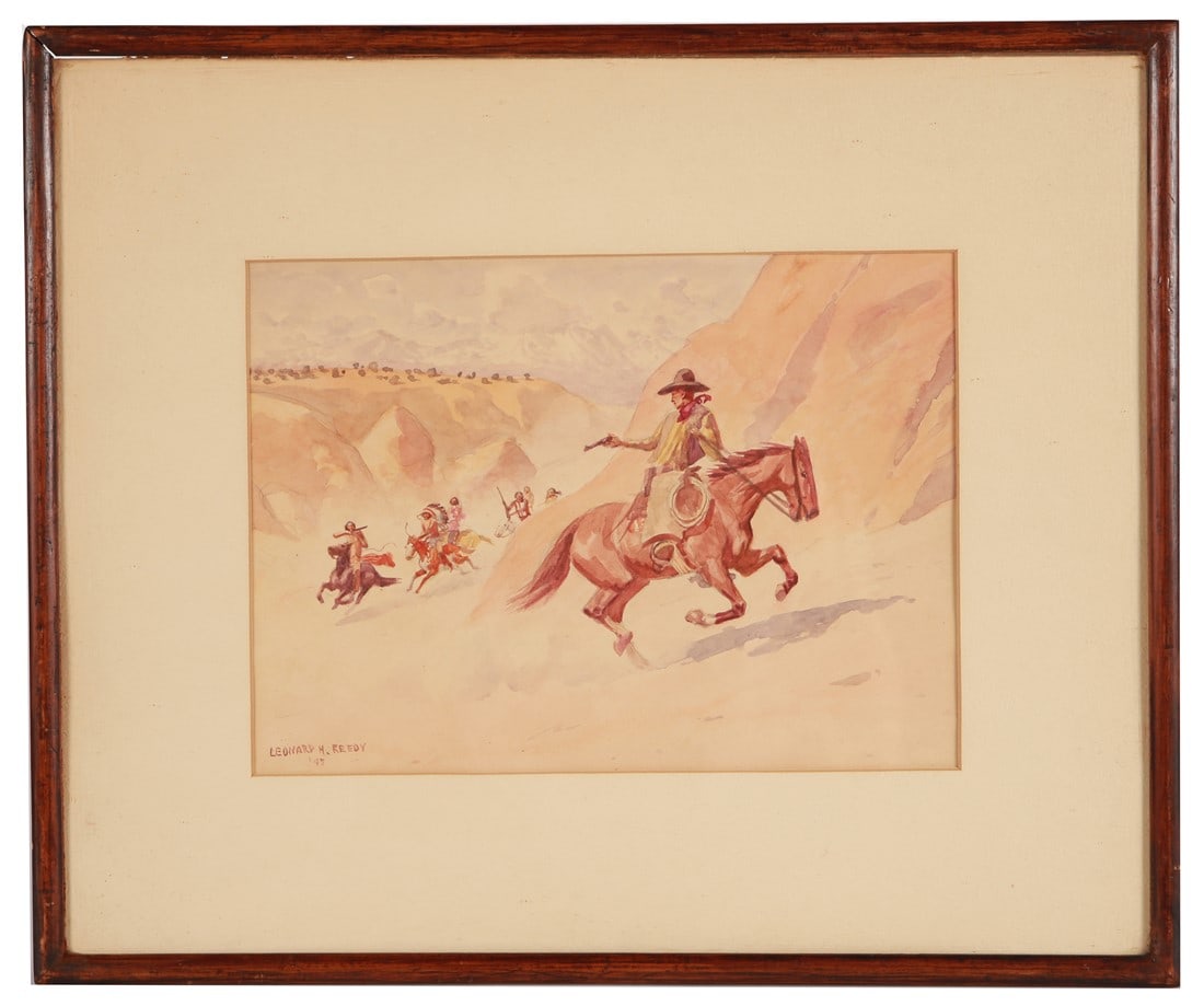 Leonard H. Reedy, Watercolor Western Shootout: Leonard Howard Reedy (American, 1899-1956). Watercolor, 1945. Frame: 15" x 18". Sight: 8" x 11". Watercolor by American artist Leonard Howard Reedy depicting a single cowboy on horseback engaged in a 