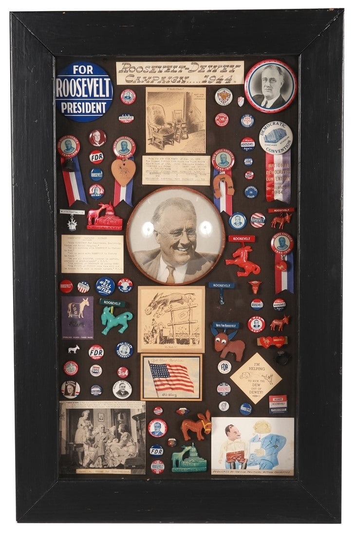 Roosevelt v. Dewey Campaign 1944 Collage: Paper, glass, metal, cloth, plastic. Sight: 27 1/2" x 15 1/2". Frame: 33 3/8" x 21 3/8" x 2 1/8". Collection of memorabilia on the subject of the Roosevelt v. Dewey political campaign of 1944. Include