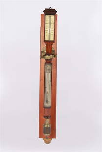 Reynolds and Son, London, Marine Barometer: Reynolds and Son (English). Barometer. Wood, brass, glass, 1850. Height: 43 1/4", Length: 5 1/2", Depth: 11". Barometer by Reynolds and Son, London. Mounted on a wood plaque base held up by a brass ar