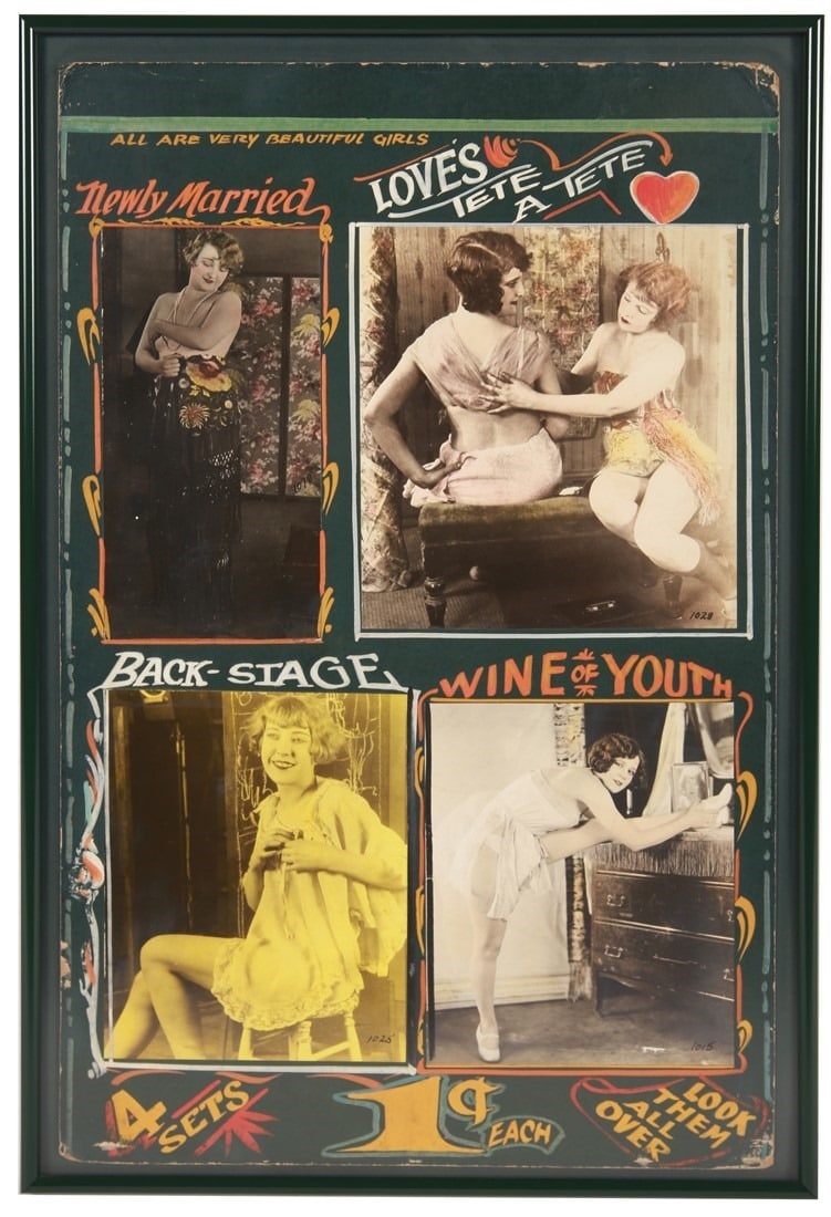 Mutoscope Hand-Painted Peep Show Advertisement: Paint on thick paper or cardboard, photographs. Paper: 22" x 13 3/4" Frame: 23 1/2" x 15 3/8". Framed burlesque/erotic advertisement for mutoscope peep show or movie. Hand-painted elements on thick ca