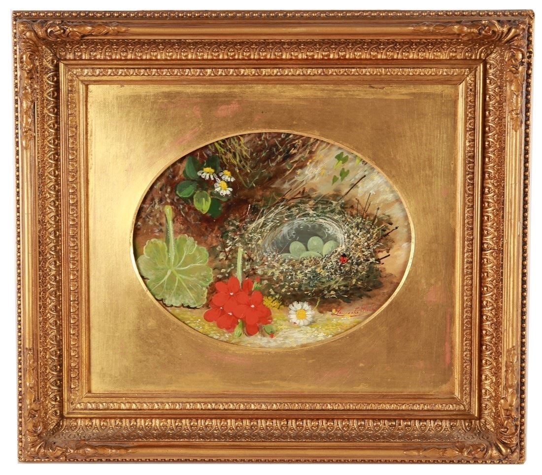 Oil on Board Painting of a Nest: Oil on board. Frame: 15" x 17". Sight: 7 1/8" x 9 1/8". Oil on board painting depicting bird eggs within a nest with flowers. Signed lower right illegibly, possibly “Louisa E. Peach”.