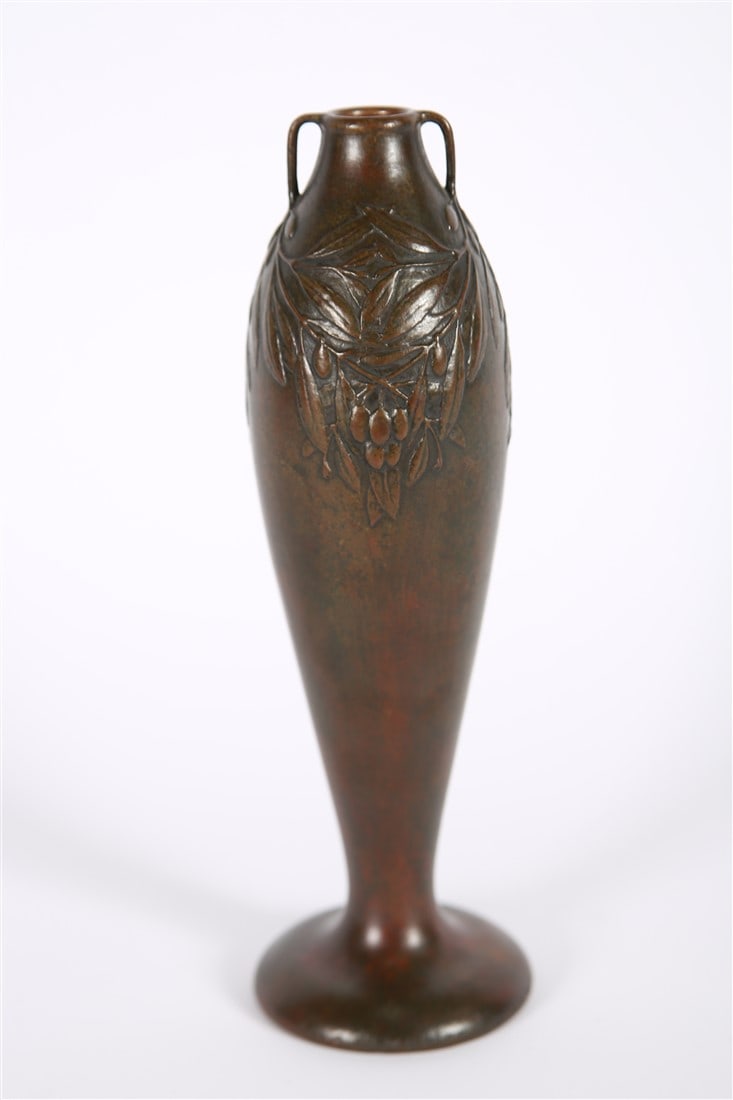 Hugo Elmqvist (Swedish), Bronze Vase: Hugo Elmqvist (Swedish, 19th century). Bronze. Height: 11", Diameter: 3 1/2". Bronze vase designed by Swedish artist Hugo Elmqvist [Elmquist]. With foliage decoration and two thin handles. Marked to t