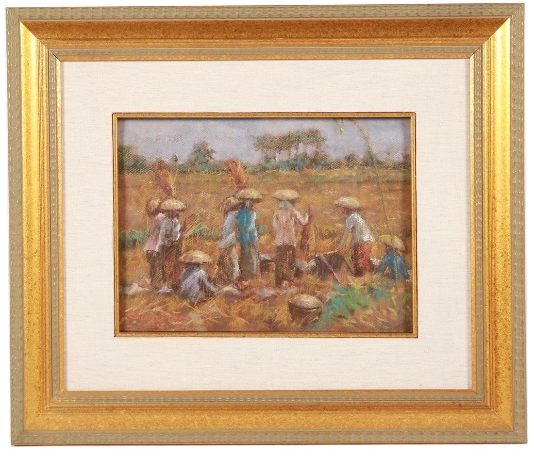 Tedja Suminar, "Bali" Pastel, 1992: Tedja Suminar (Indonesian, 1936-2016). "Bali". Pastel, 1992. Frame: 18" x 21 1/8". Sight: 8 7/8" x 12 1/8". Pastel depicting workers in a field. Signed lower left.