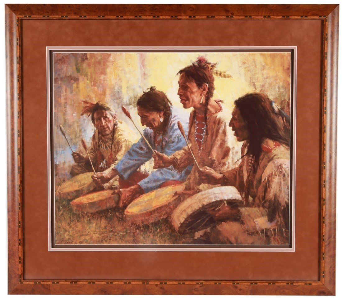 Howard Terpning, "Four Sacred Drummers" Litho: Howard Terpning (American, b. 1927). "Four Sacred Drummers". Lithograph, 1991. Edition: 517/1000. Printed by Greenwich Workshop Fine Art Prints. Frame: 32" x 35 3/4". Sight: 21" x 25 1/2". Lithograph