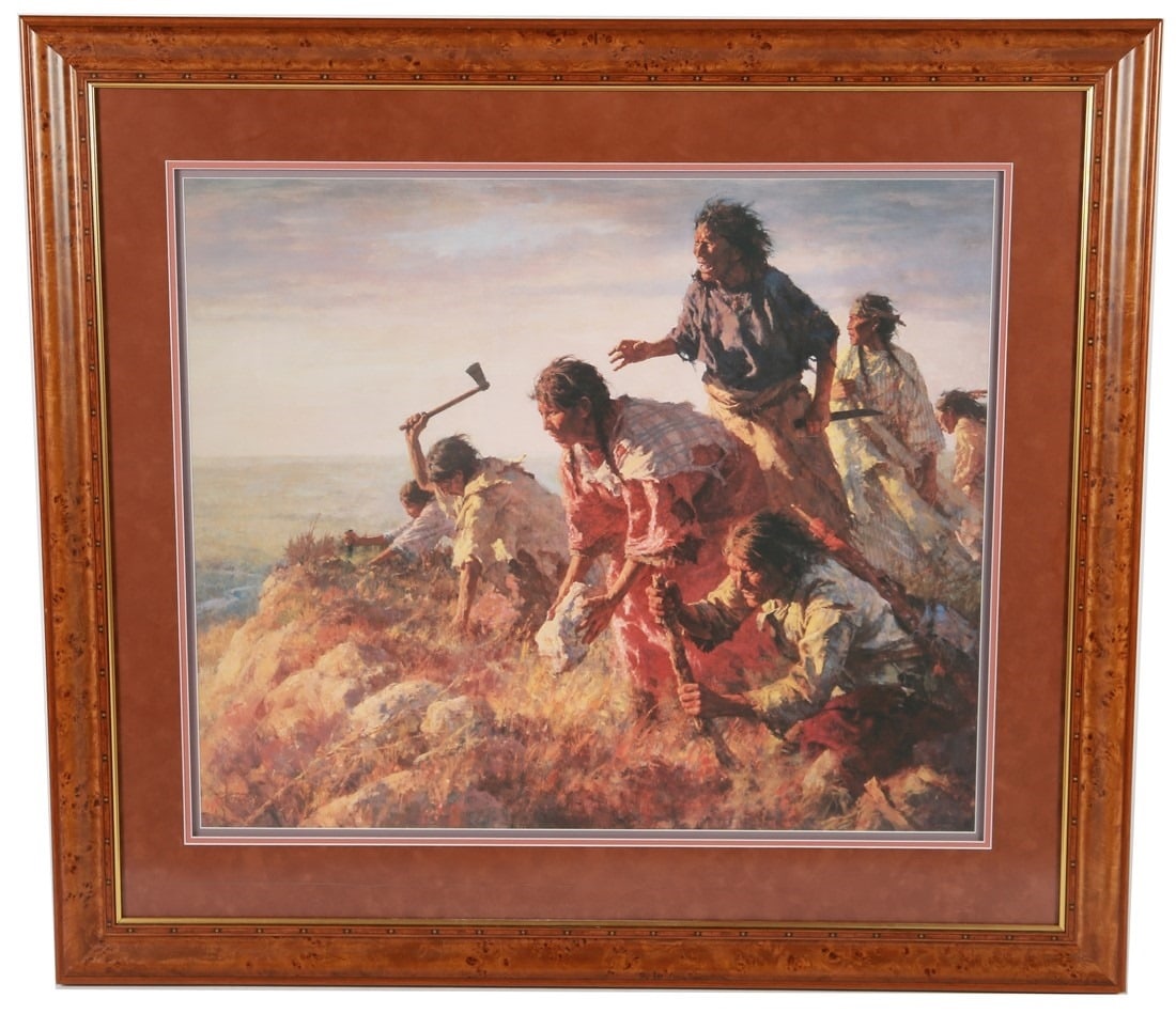 Howard Terpning, "Digging in at Sappa Creek": Howard Terpning (American, b. 1927). "Digging in at Sappa Creek". Lithograph, 1991. Edition: 379/650. Printed by Greenwich Workshop Fine Art Prints. Frame: 39 1/4" x 43 1/2". Sight: 26" x 31". Lithogr