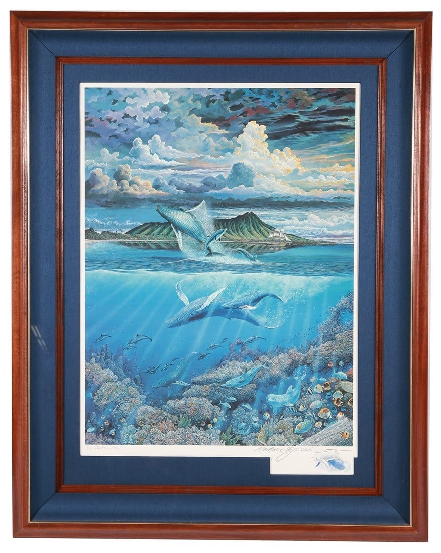 Robert Lyn Nelson, "Eloquent Mysterious Giants..": Robert Lyn Nelson (American, b. 1955). "Eloquent Mysterious Giants Off Diamond Head". Lithograph, 1986. Edition: 1/50 Artist Proof. Sight: 31" x 22 1/2". Frame: 43 1/2" x 35". Print depicting whales j