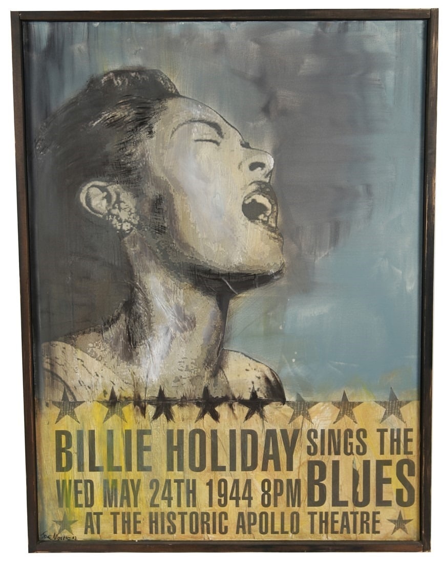Joe Morris (American), Billie Holiday Artwork: Joe Morris (American, 21st century). Mixed media, 2007. Frame: 49 1/2" x 37 1/2". Sight: 48" x 36". Mixed media Billie Holiday artwork by contemporary American artist Joe Morris. Signed lower left.