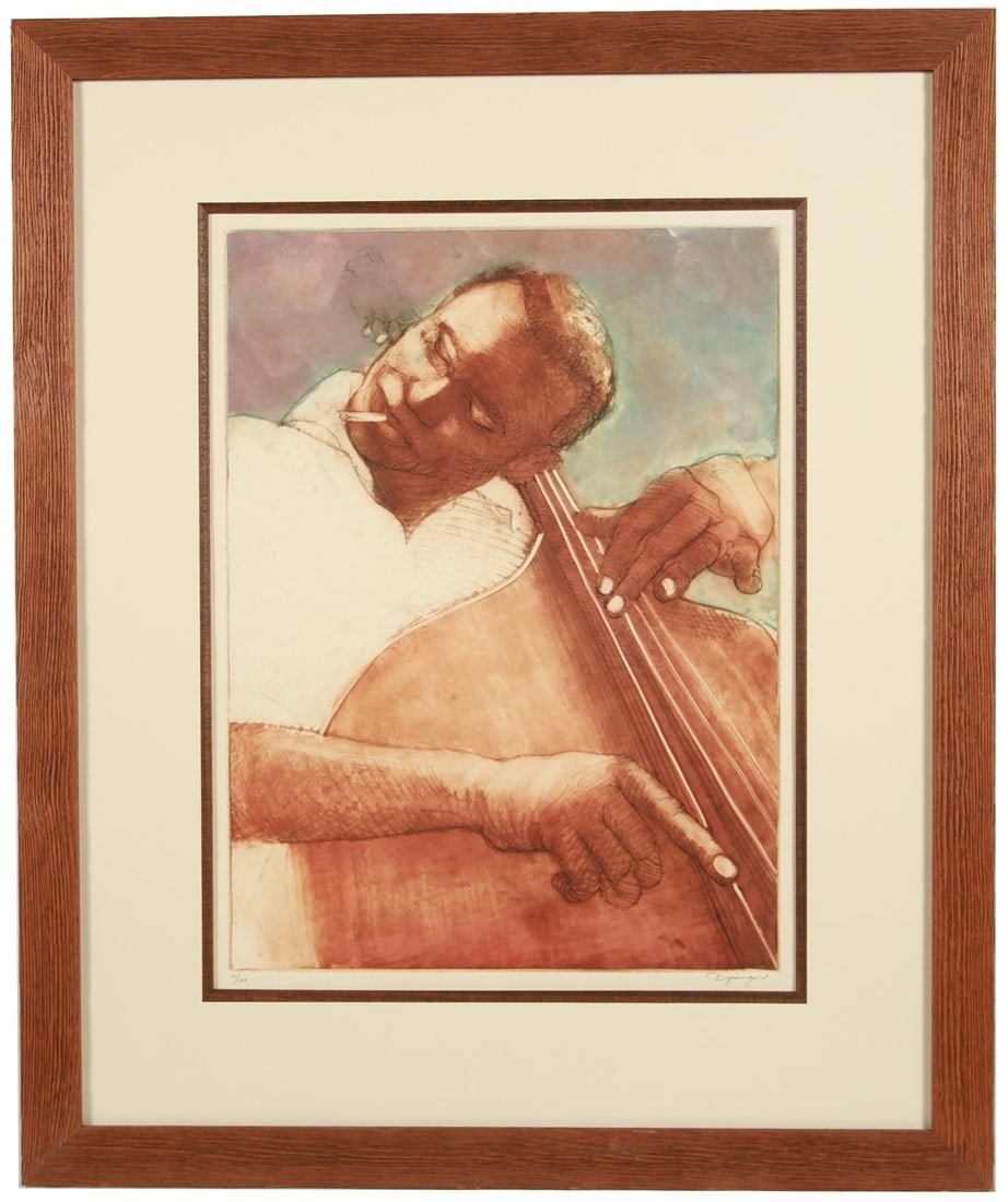 Susan Dysinger, Bass Player Etching: Susan J. Dysinger (American, b. 1944). Etching. Edition: 70/100. Frame: 37 1/4" x 31". Sight: 24 3/4" x 18 1/2". Etching depicting a smoking bass player by American artist Susan Dysinger. Signed lower