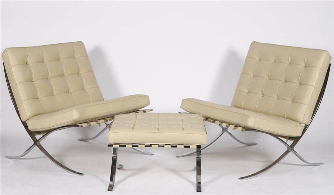 Casprini, Pair of Barcelona Style Chairs and Otto: Casprini (Italian). Leather, chrome-plated metal. Chairs: Height: 31 1/2", Length: 29 1/4", Depth: 30 1/4". Ottoman: Height: 14 1/2", Length: 22 3/4", Depth: 22". Pair of Barcelona style lounge chairs