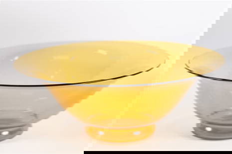 Style of Blenko, Gold Glass Dish: Glass. Height: 3 3/4", Diameter: 9 1/2". Style of Blenko, round gold glass bowl or dish.