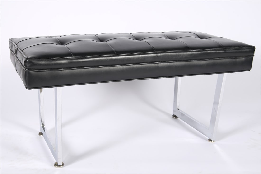 Patrician Furniture Co., Black Vinyl Chrome Bench: Patrician Furniture Company. Black vinyl, chromed metal. Height: 17 1/4", Length: 36 1/4", Depth: 18". Patrician Furniture Co. black vinyl cushion bench with chromed metal frame. Manufacturer's label 