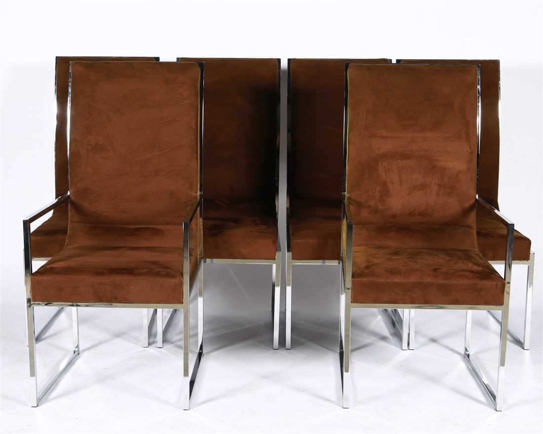 Style of Milo Baughman, Six Dining Chairs: Chromed steel, upholstery. Height: 44 1/4", Length: 19", Depth: 21 1/2". Set of six chrome-framed dining chairs with green/brown upholstered seats. Two captain's chairs, four side chairs. High-backs.