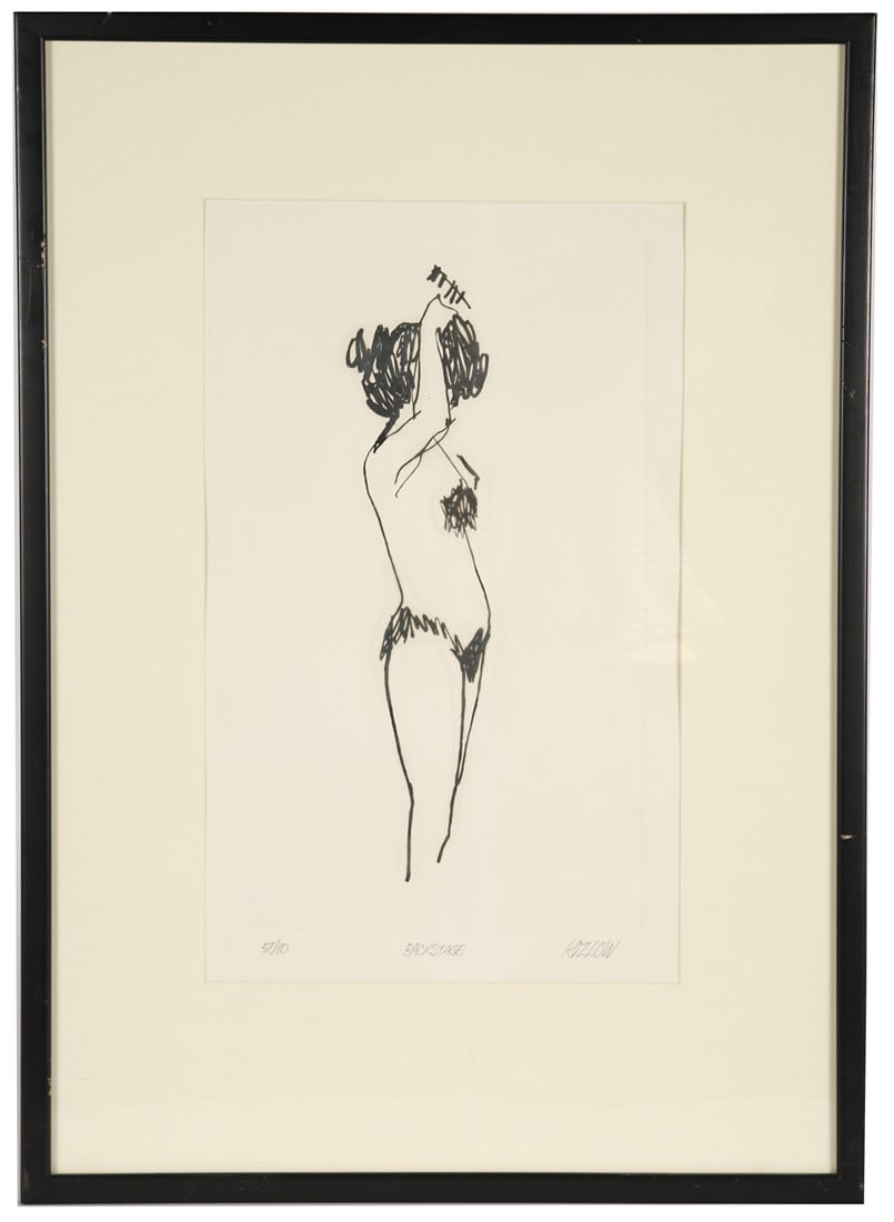 Richard Kozlow, "Backstage" Etching: Richard Kozlow (American, 1926-2008). "Backstage". Etching. Edition: 58/80. Frame: 30" x 21 1/4". Sight: 20" x 12". Etching depicting a standing woman fixing her hair. Signed lower right, titled to th