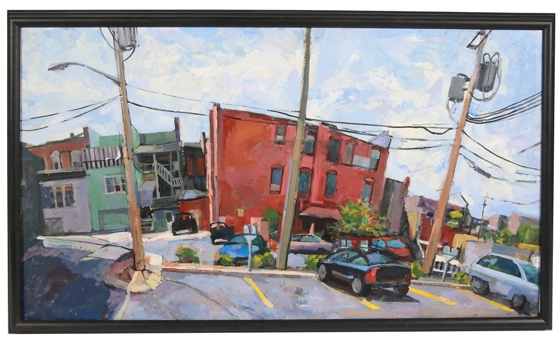 Nancy Flanagan, Oil on Canvas Red Building: Nancy Flanagan (American, 21st century). Oil on canvas. Frame: 27" x 44 3/4". Sight: 23 3/4" x 41 1/2". Oil on canvas depicting the parking lot of a red building. Appears unsigned.