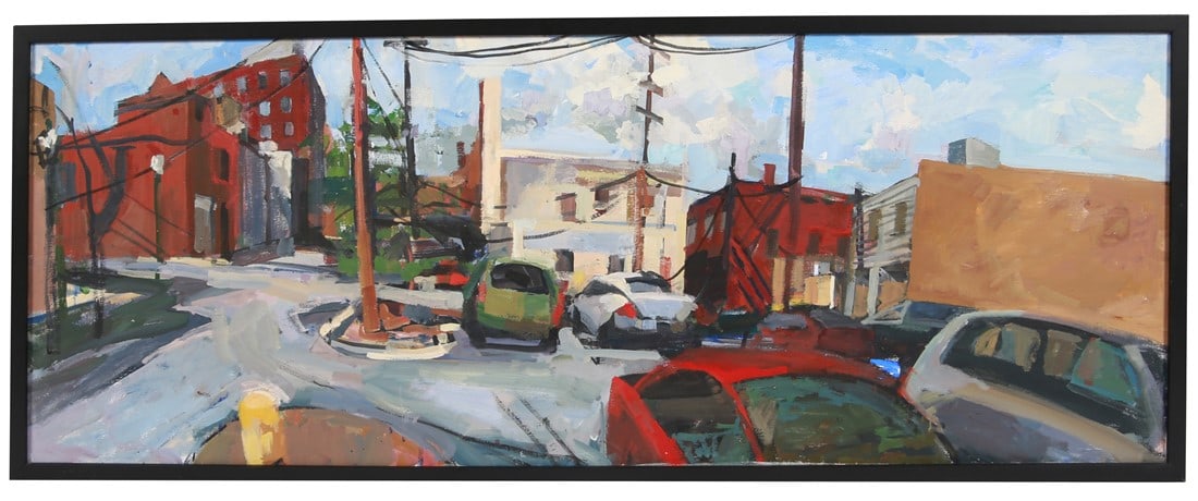 Nancy Flanagan, Oil on Canvas Parking Lot: Nancy Flanagan (American, 21st century). Oil on canvas. Frame: 19 1/8" x 49 1/8". Sight: 17 5/8" x 47 3/4". Oil on canvas depicting a parking lot. Appears unsigned.