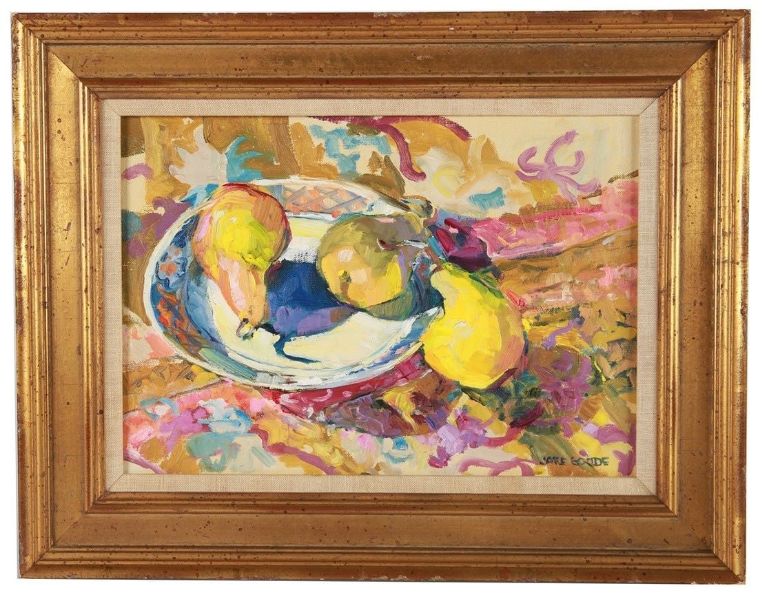 Jane Goode (American), "Winter Pears": Jane Goode (American, b. 1932). "Winter Pears". Oil on canvas. Frame: 14 1/2" x 18 1/2". Sight: 9 1/2" x 13 1/4". Oil on canvas depicting pears in a bowl. Signed lower right.