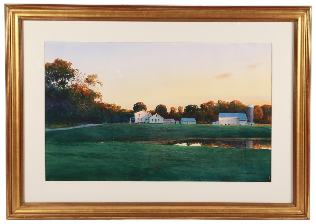 Thomas NcNickle, "Farm Pond - Evening Reflections": Thomas G. McNickle (American, b. 1944). "Farm Pond - Evening Reflections". Watercolor. Frame: 37" x 51". Sight: 24 1/4" x 38 1/2". Watercolor on paper depiction of structures on a farm near a pond at 