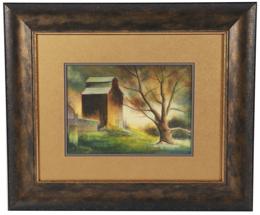 Gustave Hildebrand, Mixed Media Barn: Gustave Hildebrand (American, 1897-1950). Mixed media on paper. Frame: 19 3/4" x 23 1/2". Sight: 8 1/2" x 11 3/4". Mixed media on paper depicting a barn-type building next to a tree. Signed lower righ