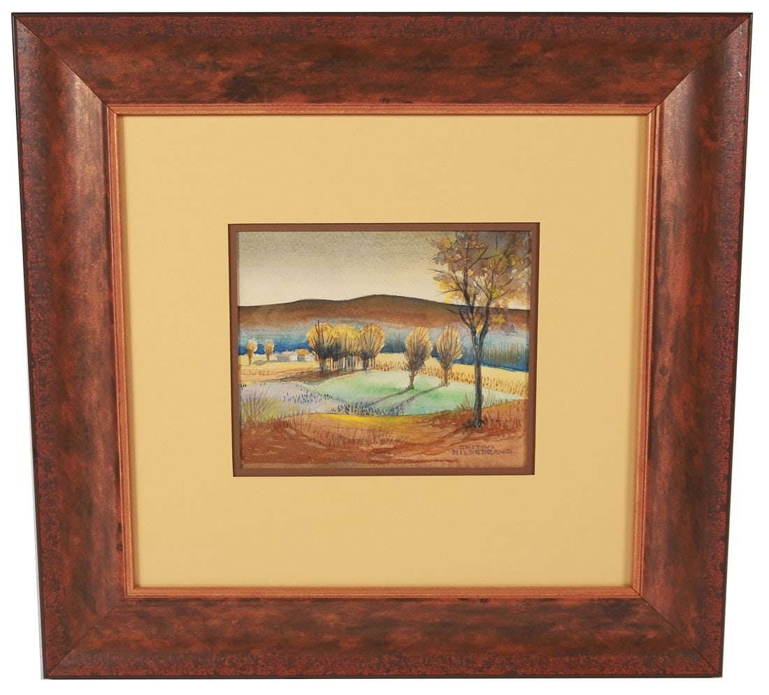 Gustave Hildebrand, Mixed Media Landscape: Gustave Hildebrand (American, 1897-1950). Mixed media on paper. Frame: 20 1/2" x 21 1/4". Sight: 7 1/4" x 8 3/4". Mixed media on paper depiction of trees within a landscape. Signed lower right.