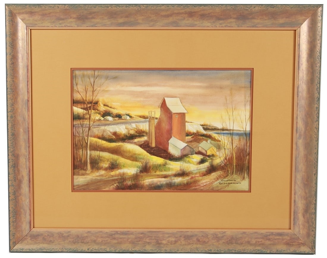 Gustave Hildebrand, Mixed Media Winter Barn: Gustave Hildebrand (American, 1897-1950). Mixed media on paper. Frame: 29 3/4" x 37 1/8". Sight: 14 1/2" x 21 1/4". Mixed media on paper depiction of a barn in the snow. Signed lower right.